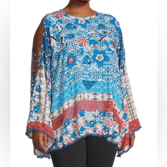 Johnny Was Blue Bondi Long Sleeve Top With Lace Trim, Size 2X. - Picture 4 of 15